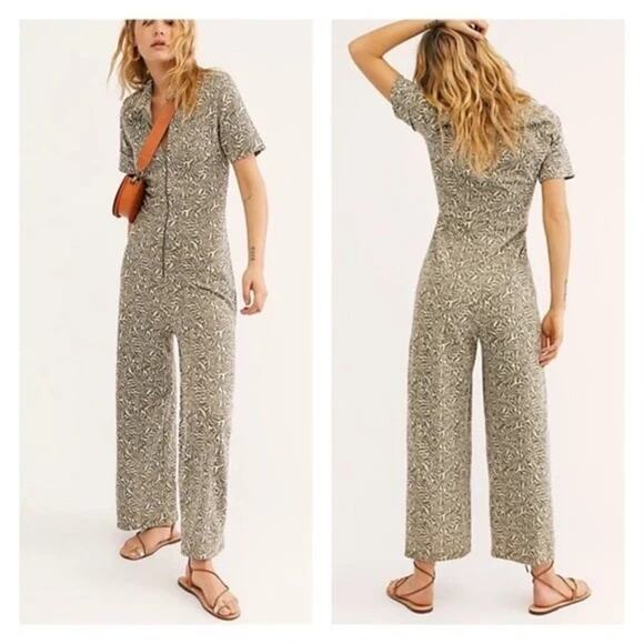 Free People Ellie Zip Front Palm Print Jumpsuit in Color Moss Size Small